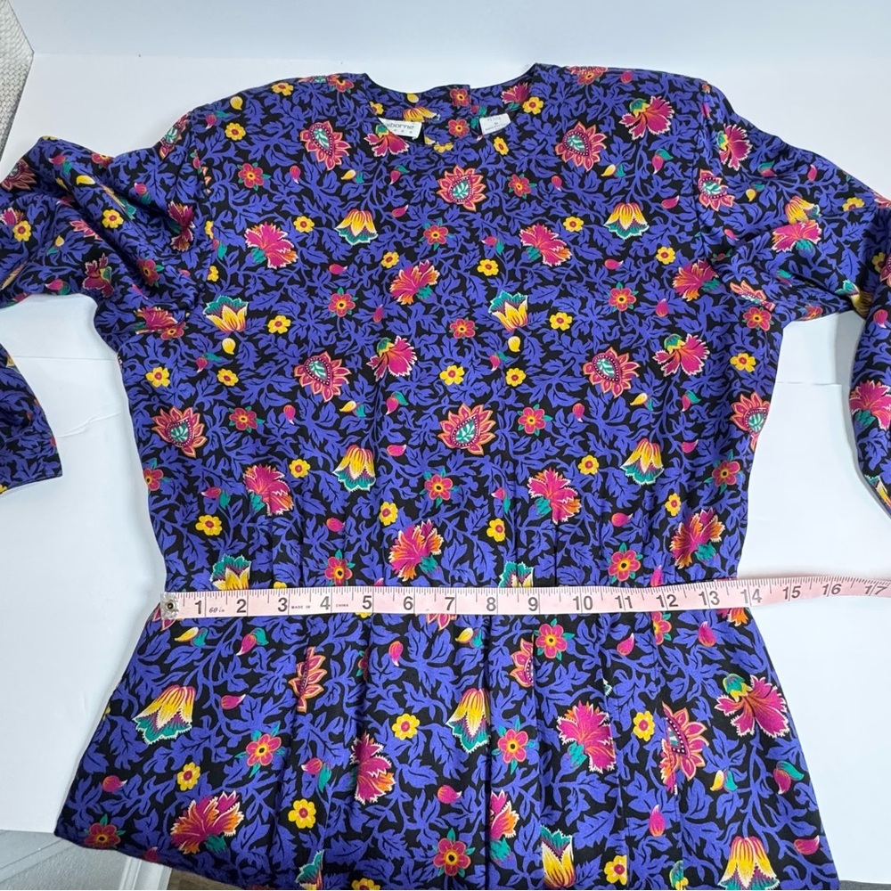 Liz Claiborne Vintage Floral Midi Dress Petite 8 Blue Rayon Belted Long Sleeve - Picture 7 of 11